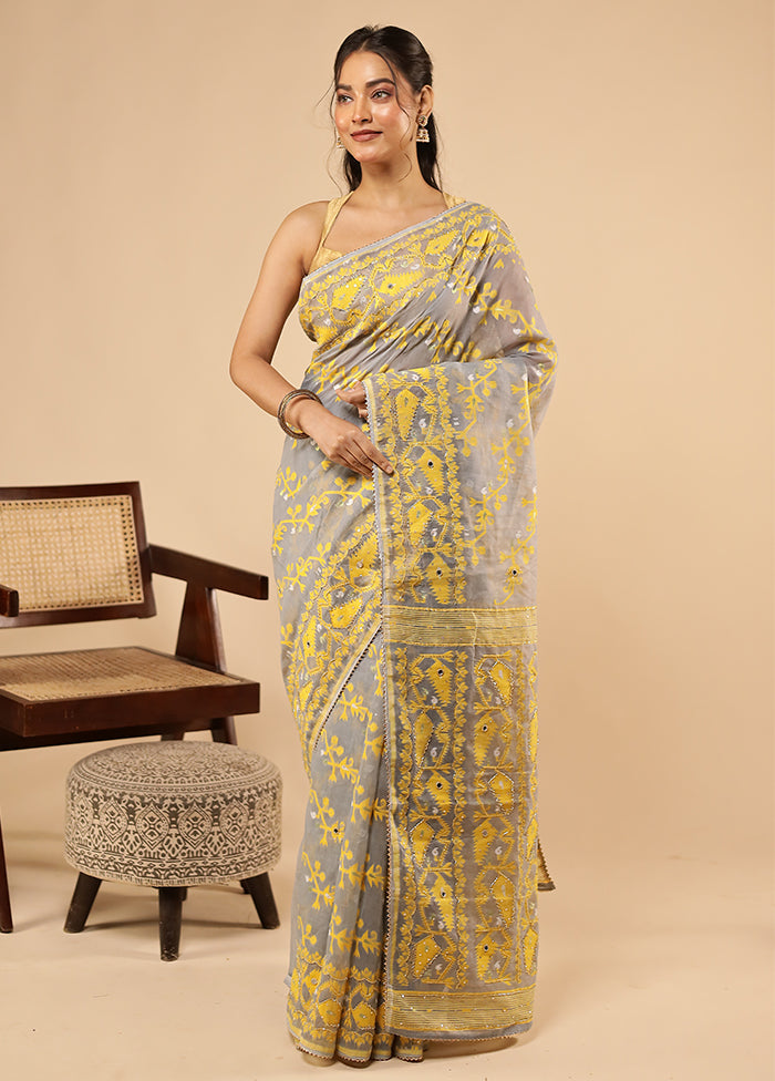 Grey Khadi Cotton Saree With Blouse Piece