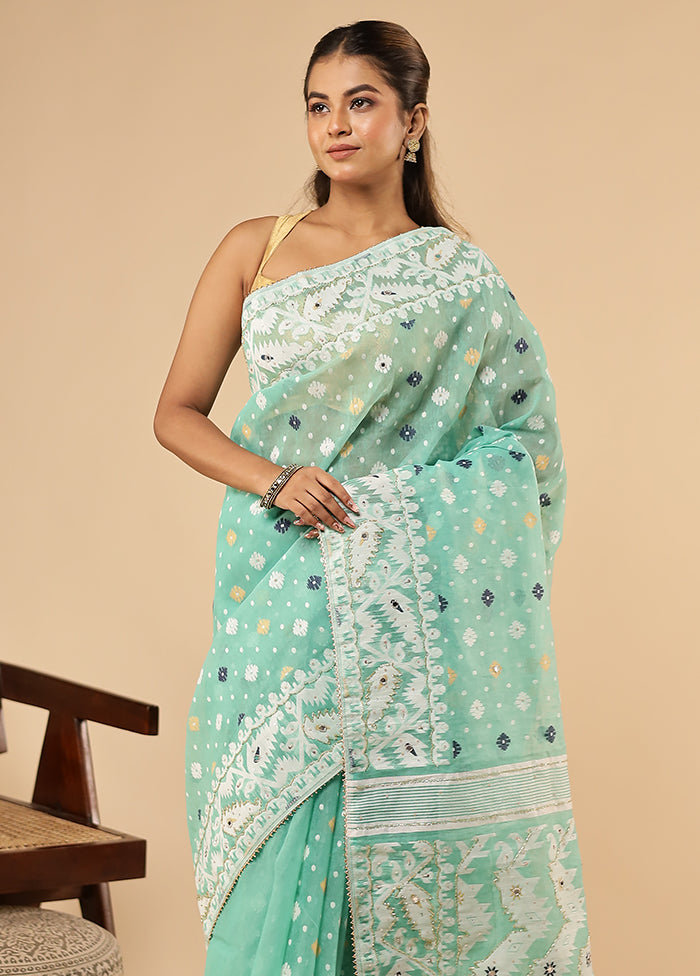 Green Khadi Cotton Saree With Blouse Piece