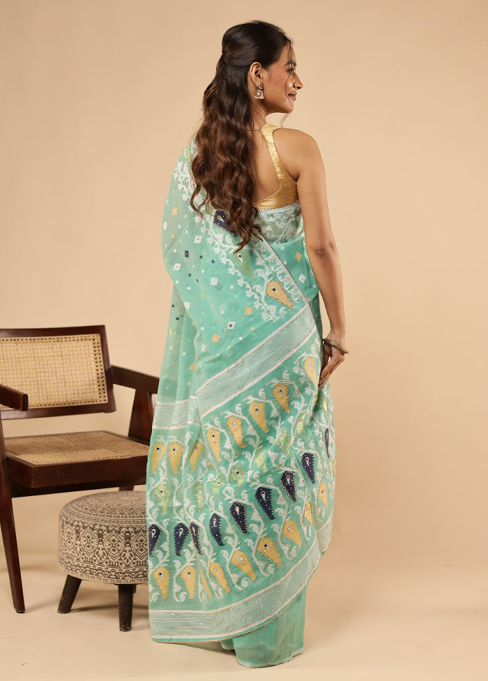 Green Khadi Cotton Saree With Blouse Piece
