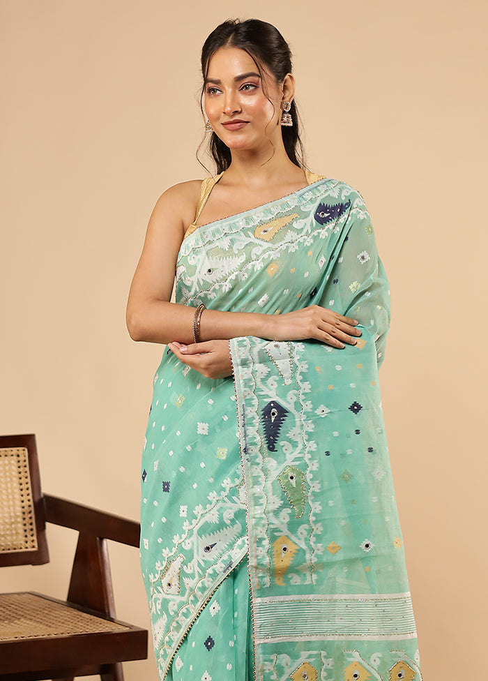 Green Khadi Cotton Saree With Blouse Piece