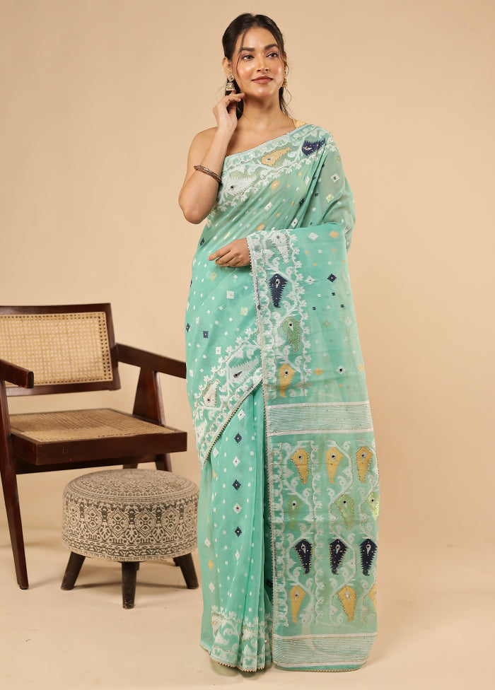 Green Khadi Cotton Saree With Blouse Piece