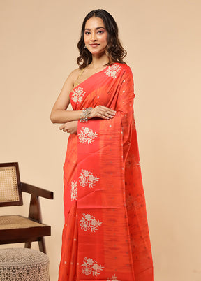Orange Dupion Silk Saree With Blouse Piece