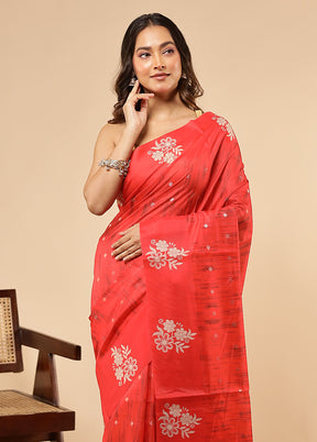 Red Dupion Silk Saree With Blouse Piece