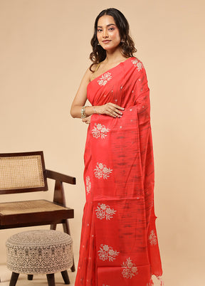 Red Dupion Silk Saree With Blouse Piece