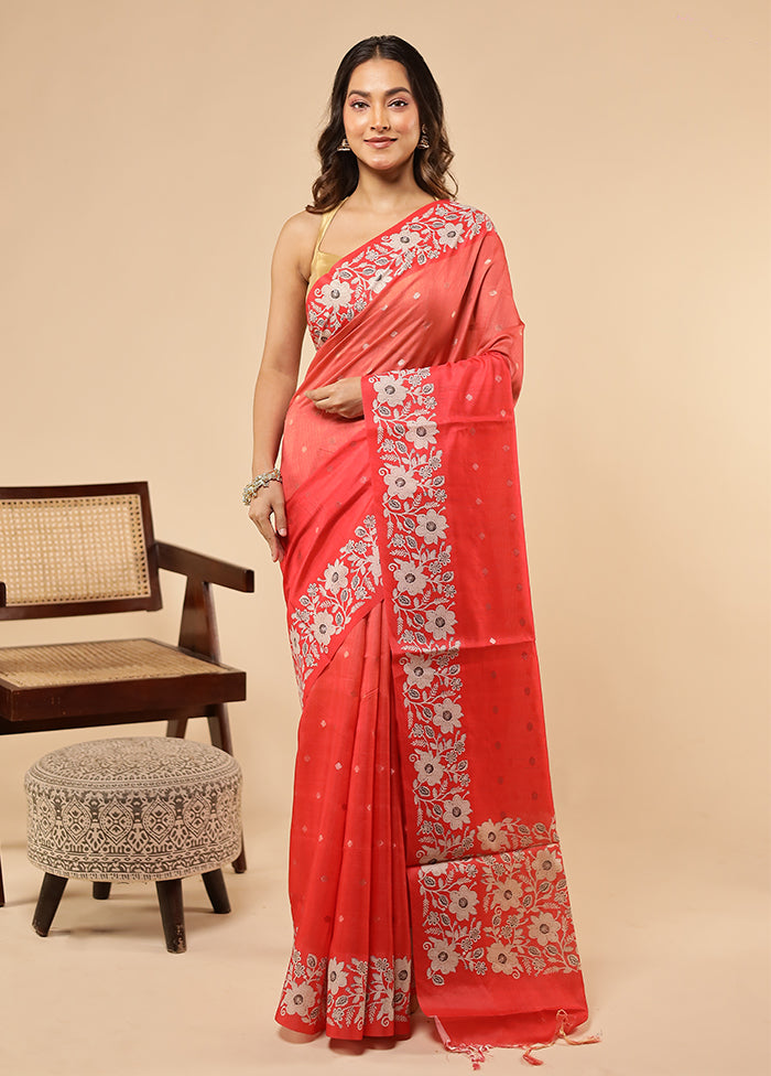 Red Dupion Silk Saree With Blouse Piece