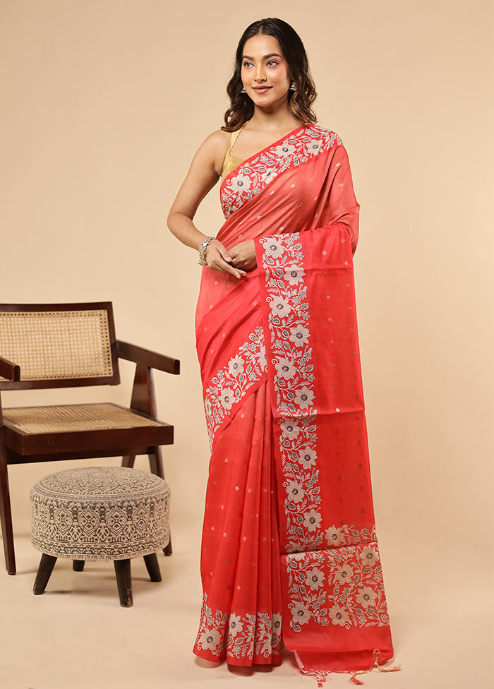 Red Dupion Silk Saree With Blouse Piece