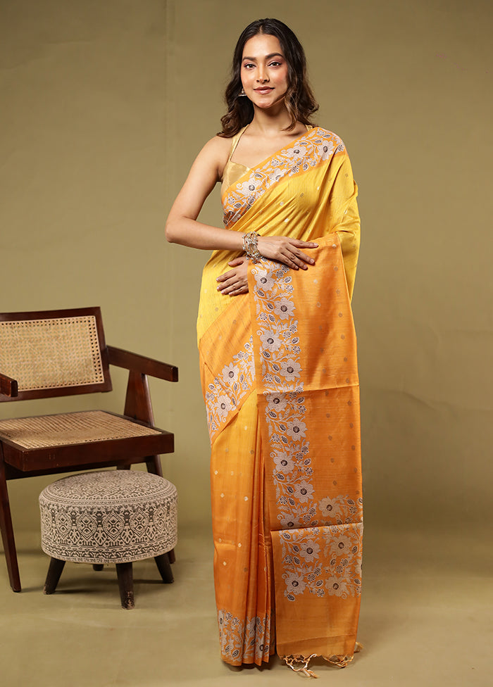 Yellow Dupion Silk Saree With Blouse Piece