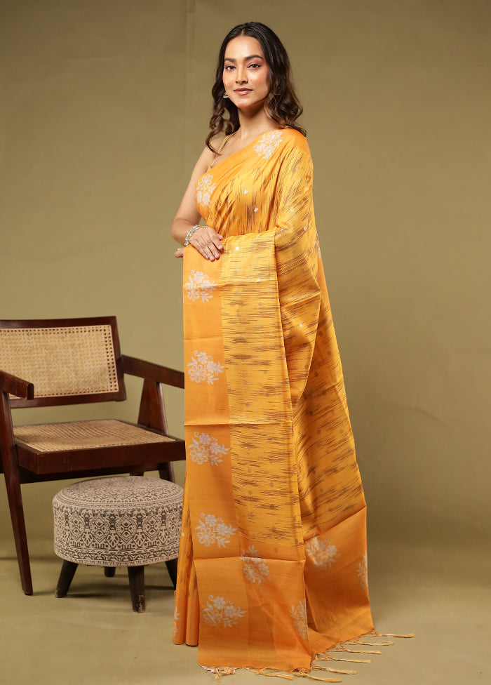 Yellow Dupion Silk Saree With Blouse Piece