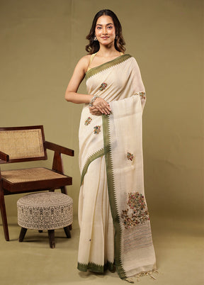Cream Linen Silk Saree With Blouse Piece