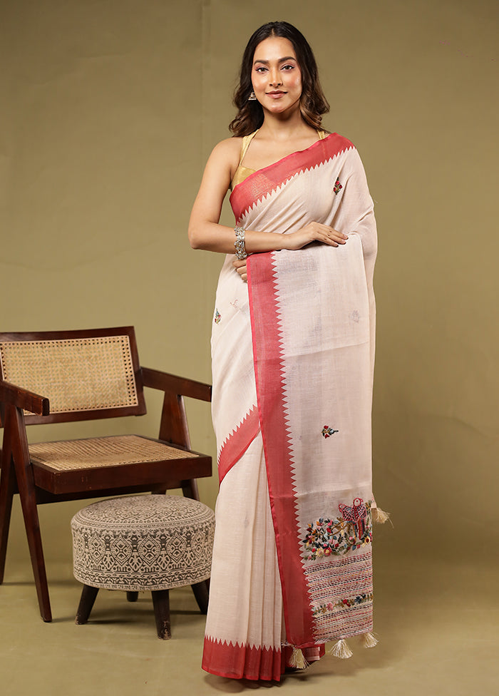 Cream Linen Silk Saree With Blouse Piece