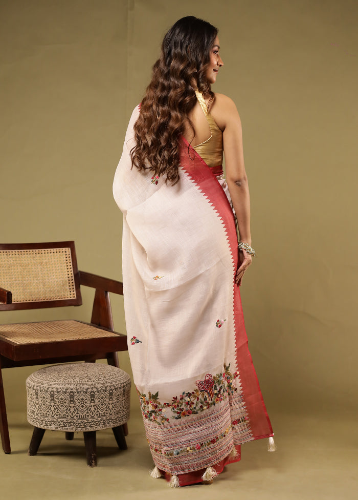 Cream Linen Silk Saree With Blouse Piece