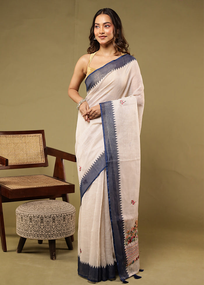 Cream Linen Silk Saree With Blouse Piece