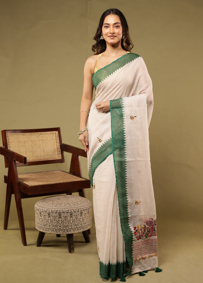 Cream Linen Silk Saree With Blouse Piece