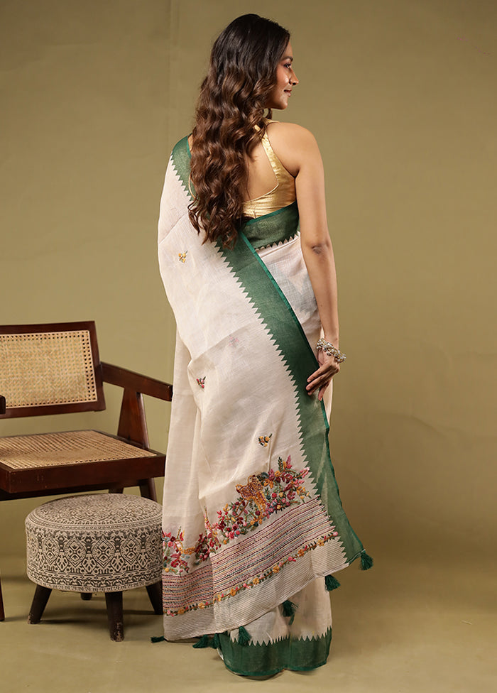 Cream Linen Silk Saree With Blouse Piece