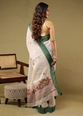 Cream Linen Silk Saree With Blouse Piece