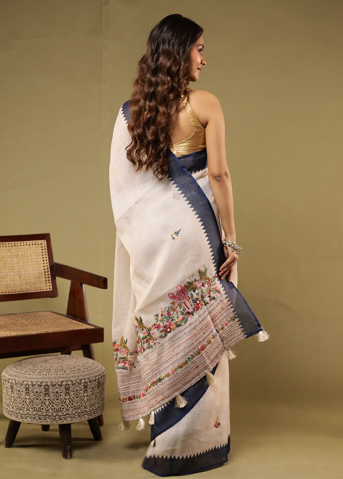 Cream Linen Silk Saree With Blouse Piece
