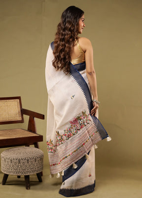 Cream Linen Silk Saree With Blouse Piece