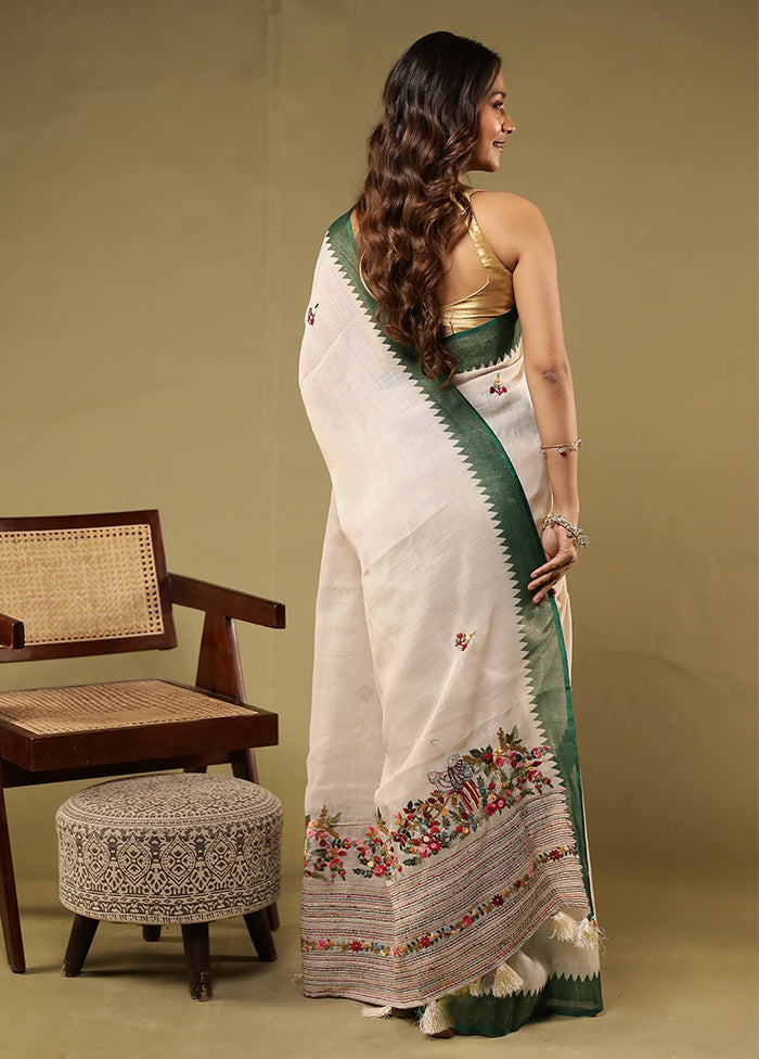 Cream Linen Silk Saree With Blouse Piece