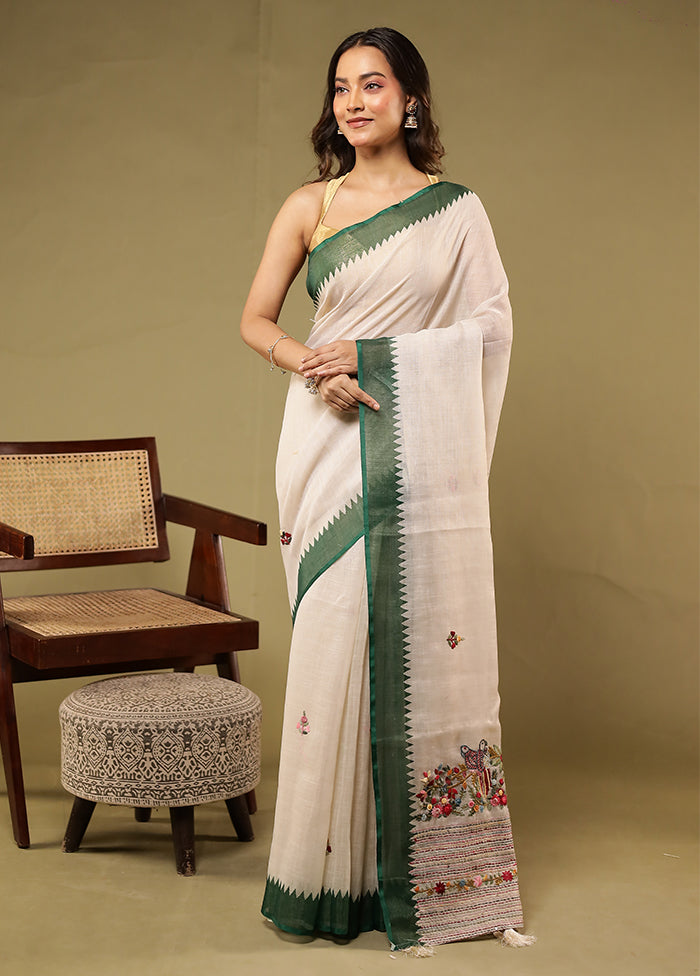 Cream Linen Silk Saree With Blouse Piece