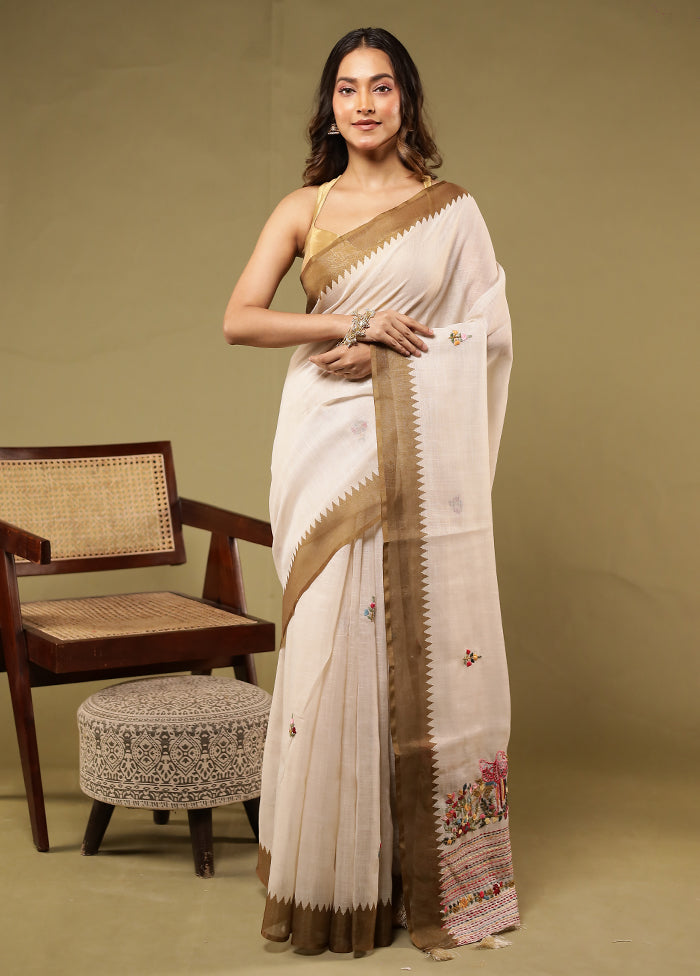 Cream Linen Silk Saree With Blouse Piece