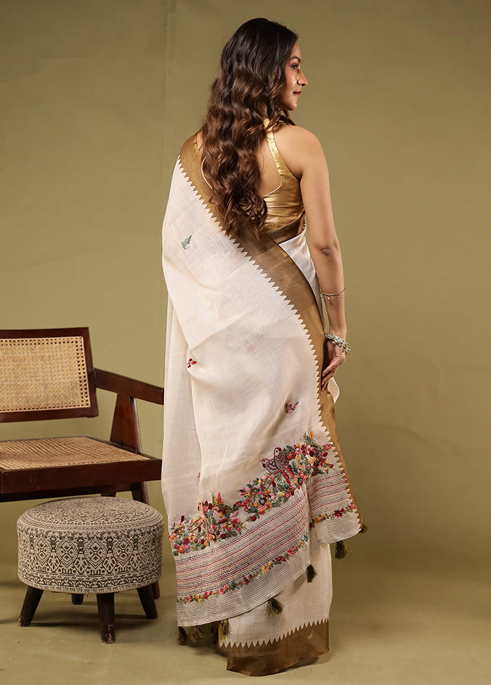 Cream Linen Silk Saree With Blouse Piece