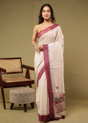 Cream Linen Silk Saree With Blouse Piece