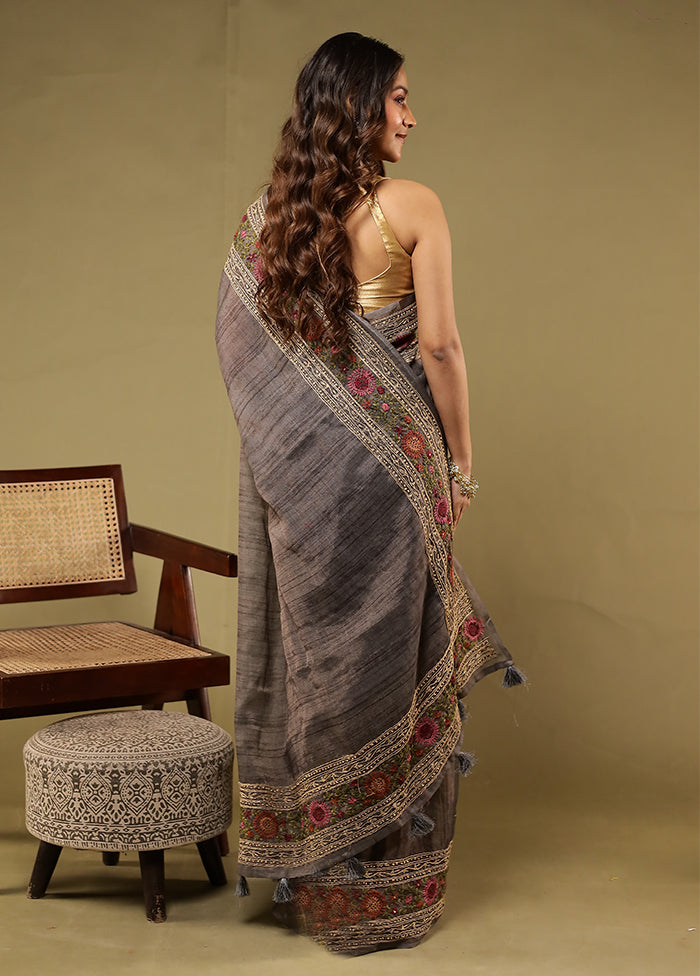 Grey Linen Silk Saree With Blouse Piece