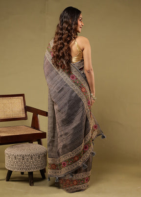 Grey Linen Silk Saree With Blouse Piece