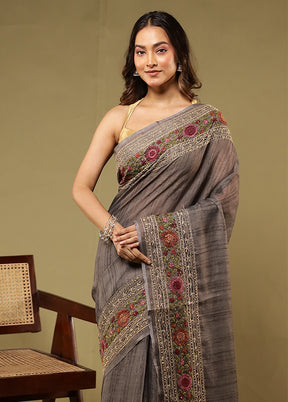 Grey Linen Silk Saree With Blouse Piece