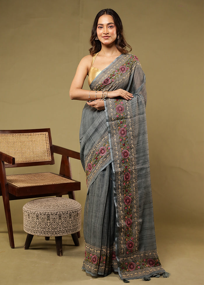 Grey Linen Silk Saree With Blouse Piece