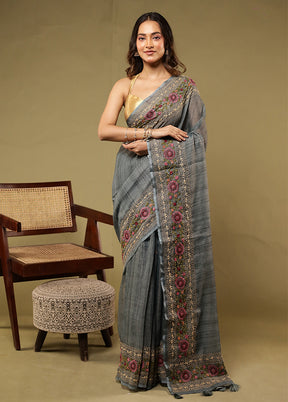 Grey Linen Silk Saree With Blouse Piece