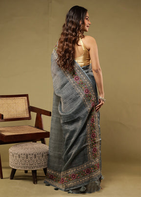 Grey Linen Silk Saree With Blouse Piece