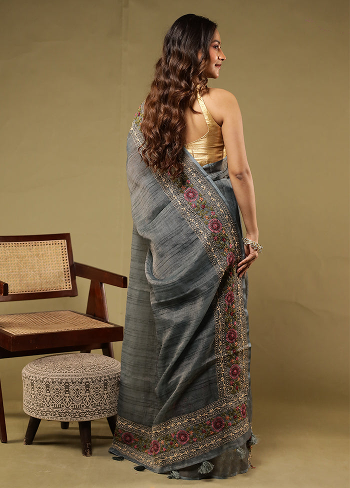 Grey Linen Silk Saree With Blouse Piece