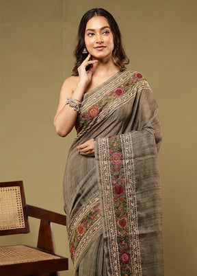 Green Linen Silk Saree With Blouse Piece