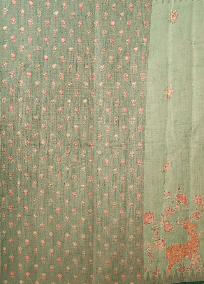 Green Linen Silk Saree With Blouse Piece
