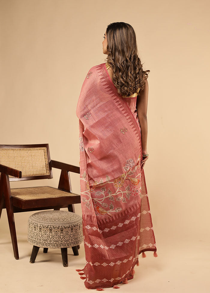 Pink Linen Silk Saree With Blouse Piece