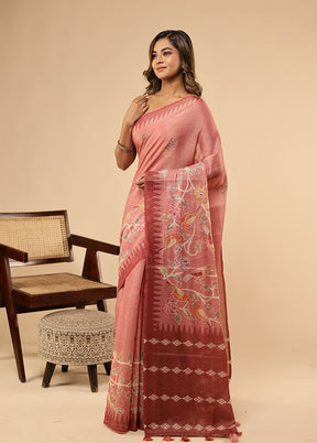 Pink Linen Silk Saree With Blouse Piece