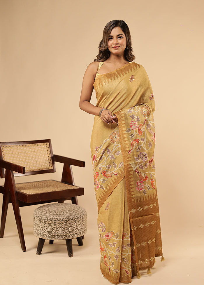 Yellow Linen Silk Saree With Blouse Piece