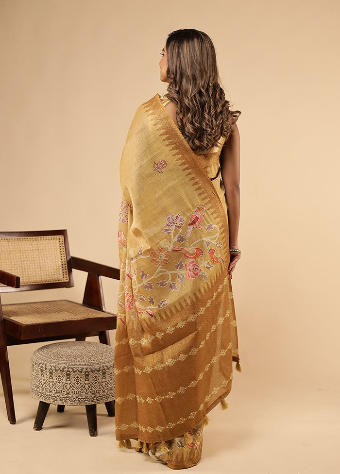 Yellow Linen Silk Saree With Blouse Piece