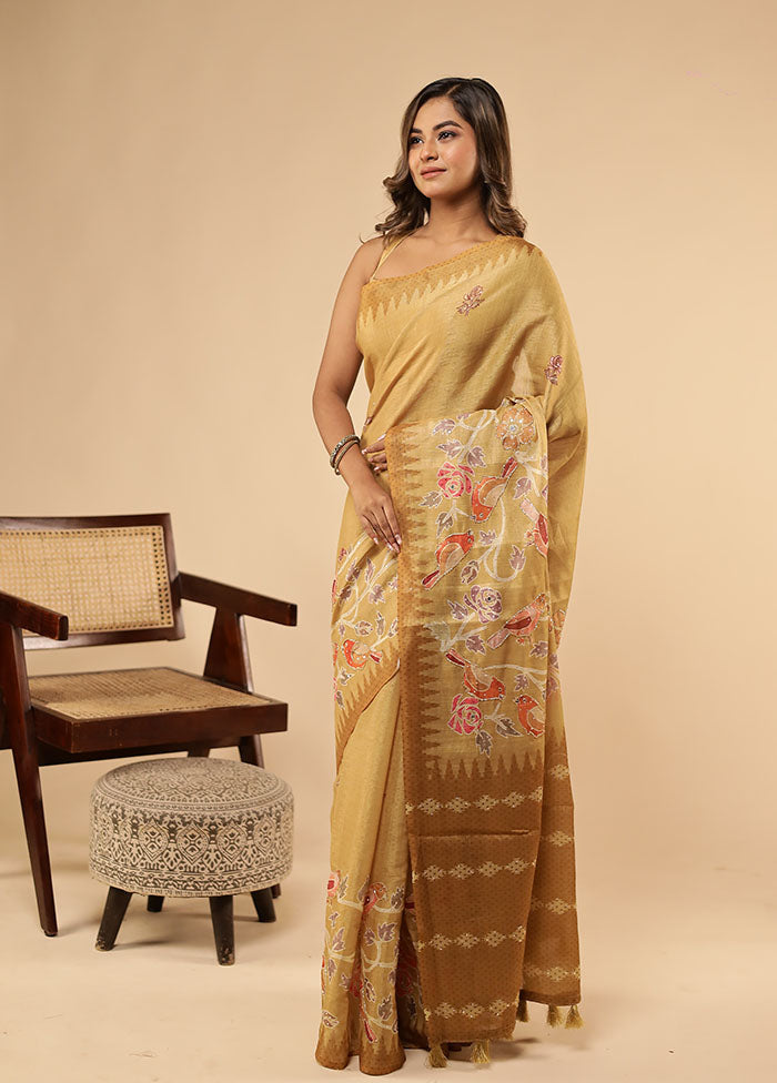 Yellow Linen Silk Saree With Blouse Piece