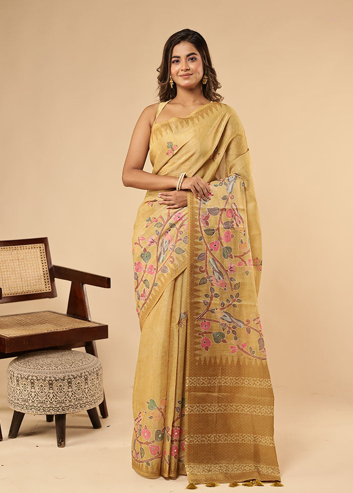 Yellow Linen Silk Saree With Blouse Piece