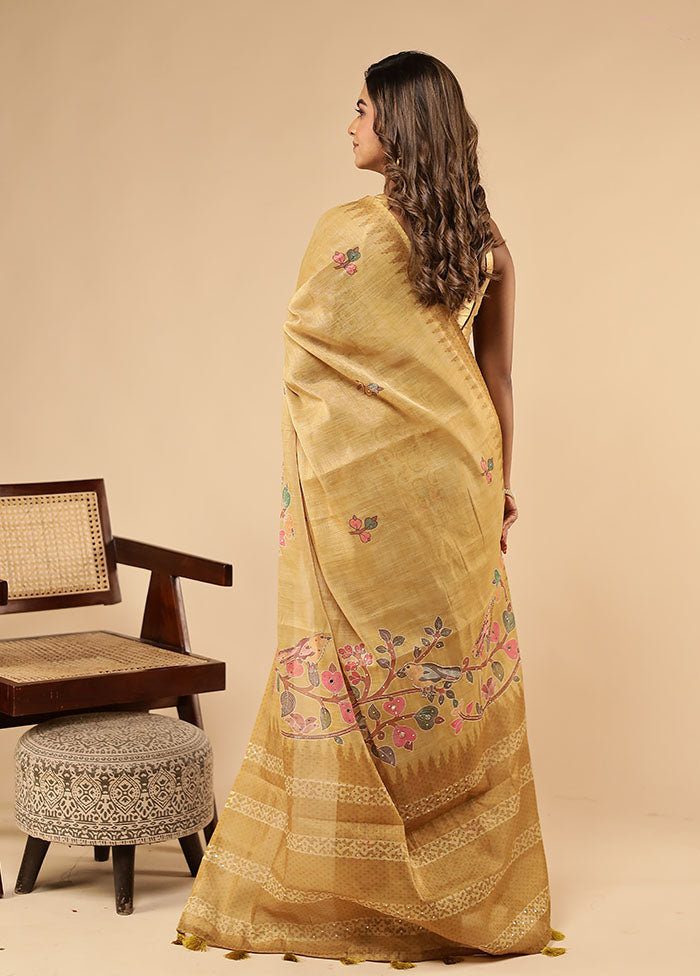 Yellow Linen Silk Saree With Blouse Piece