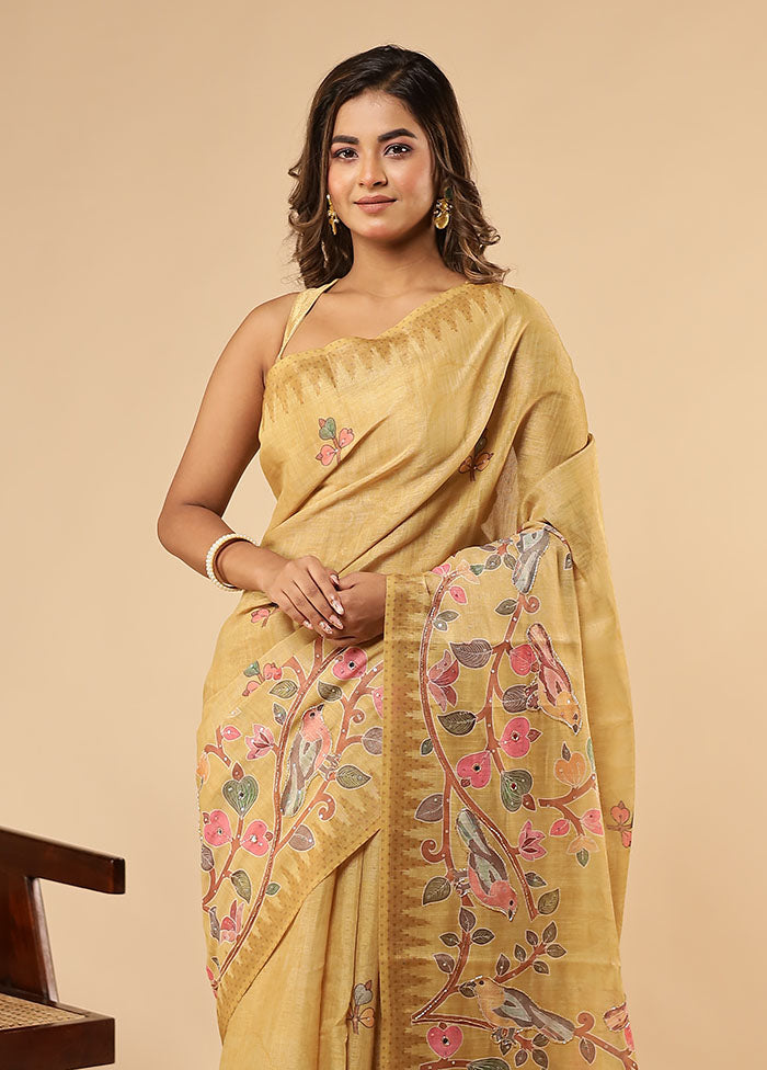 Yellow Linen Silk Saree With Blouse Piece