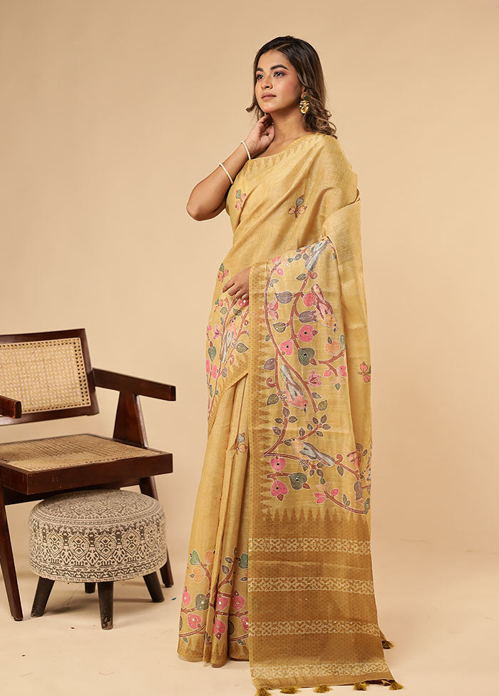 Yellow Linen Silk Saree With Blouse Piece