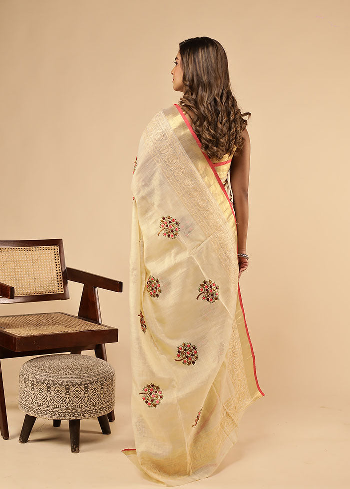 Cream Linen Silk Saree With Blouse Piece