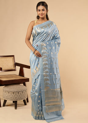 Blue Dupion Silk Saree With Blouse Piece