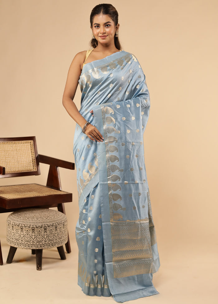 Blue Dupion Silk Saree With Blouse Piece