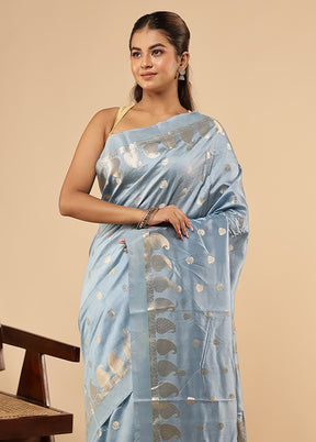 Blue Dupion Silk Saree With Blouse Piece