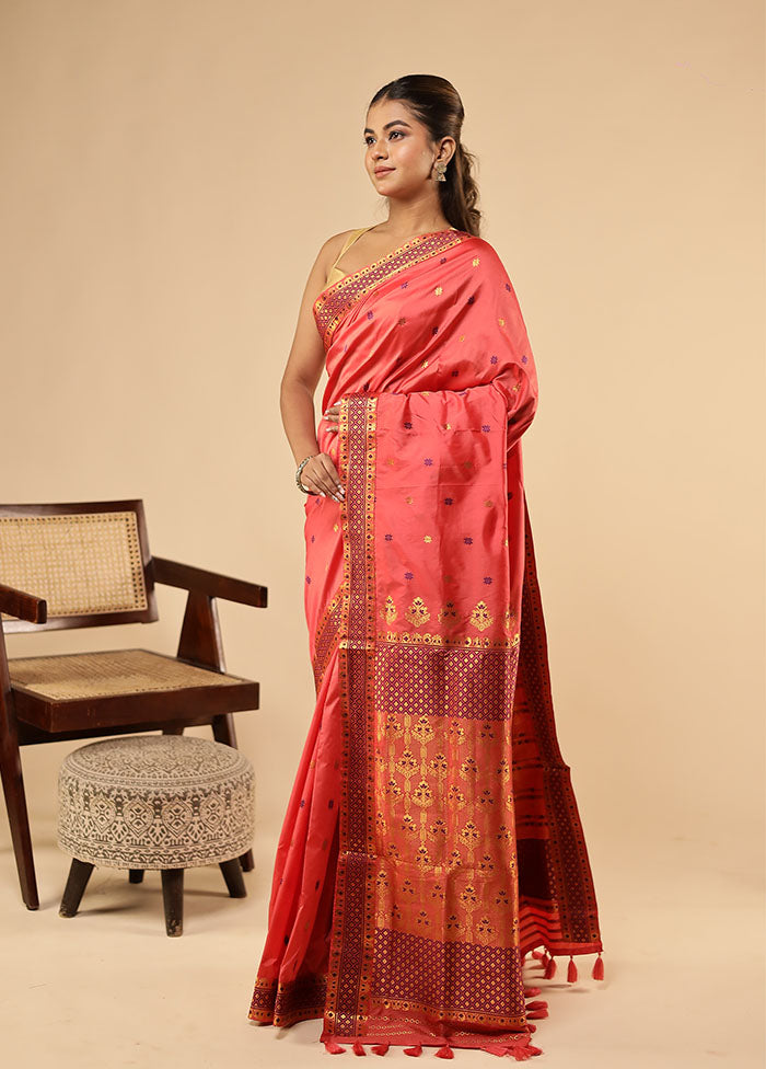 Pink Assam Silk Saree With Blouse Piece