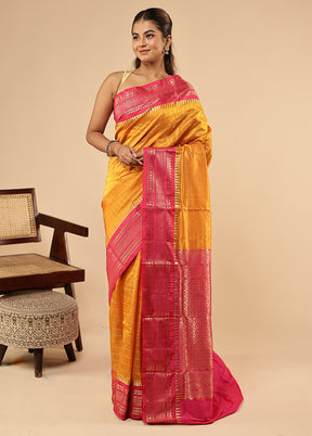 Yellow Handloom Kanjivaram Pure Silk Saree With Blouse Piece